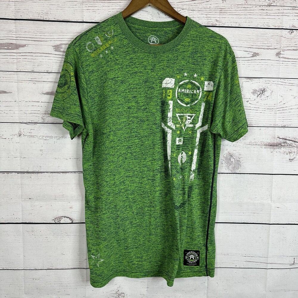 American Fighter Shirt Mens Large Green All Over Graphic Grunge Biker y2k Rocker